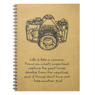 Life is like a camera quote, vintage notebook