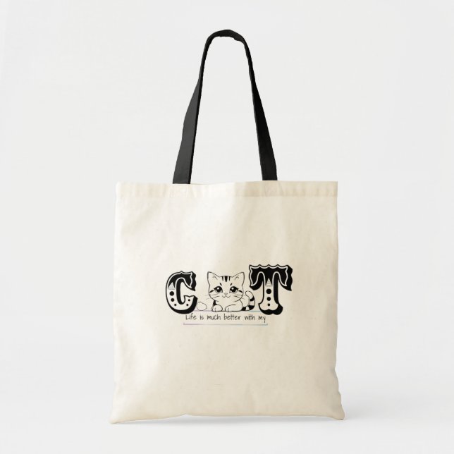 "Life Is Much Better With My Cat – Cute Cat Design Tote Bag (Front)