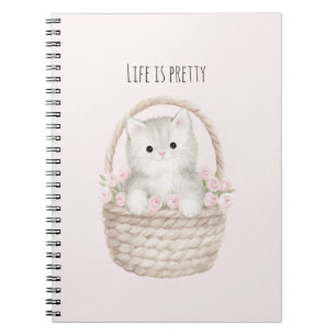 Life is Pretty Kitty in a Basket Blush Pink Roses  Notebook