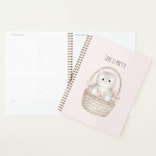 Life is Pretty Kitty in a Basket Blush Pink Roses Planner