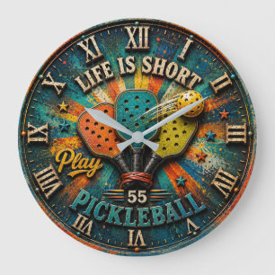 Life Is Short Play Pickleball Colorful Retro Large Clock