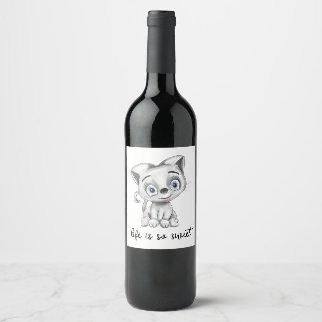Life Is So Sweet Funny Cat Wine Label – Cute  (Front)