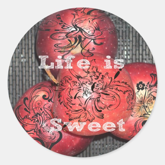 Life is Sweet: Apple and Floral Motif Design Classic Round Sticker (Front)