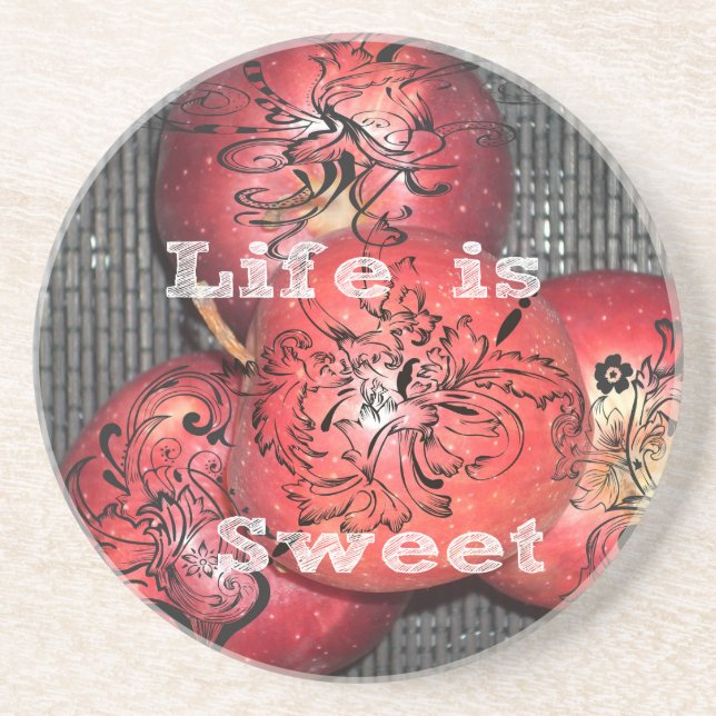 Life is Sweet: Apple and Floral Motif Design Coaster (Front)