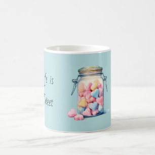 Life is Sweet Blue Pink Yellow Heart Candy Jar Coffee Mug