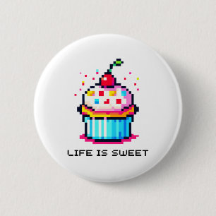 Life is Sweet - Cute Pixel Art Cupcake Design 6 Cm Round Badge