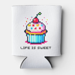 Life is Sweet - Cute Pixel Art Cupcake Design Can Cooler