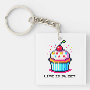 Life is Sweet - Cute Pixel Art Cupcake Design Key Ring