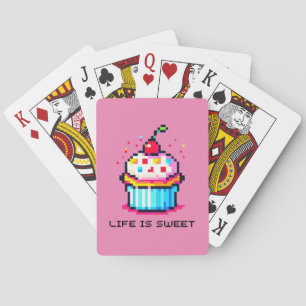 Life is Sweet - Cute Pixel Art Cupcake Design Playing Cards