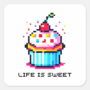 Life is Sweet - Cute Pixel Art Cupcake Design Square Sticker