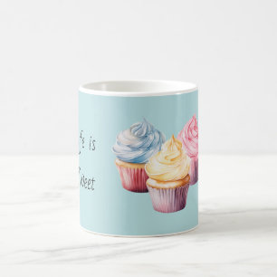 Life is Sweet Yellow Blue Pink Cupcakes Coffee Mug