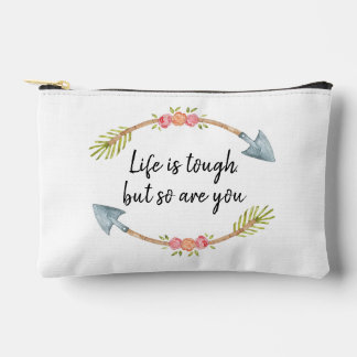 Life is Tough Watercolor Floral Arrow Pink Accessory Pouch