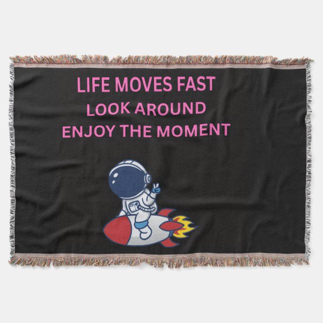 Life Moves Fast Astronaut Rocket Black Throw Blank Blanket (Front)