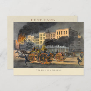 Life of a Fireman Vintage 1860s Lithograph Postcard