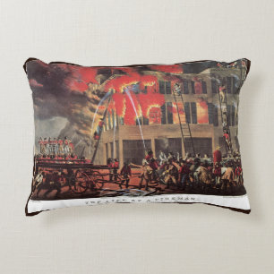 Life of a Fireman, Vintage Firemen Fighting a Fire Decorative Cushion
