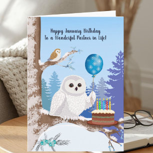 Life Partner Happy January Birthday Snowy Owl Card