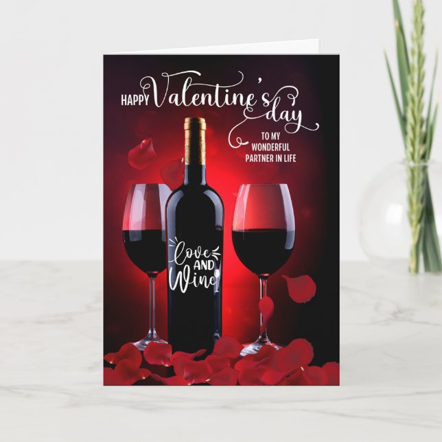 Life Partner Romantic Rose Petals Wine Valentine Holiday Card (Front)
