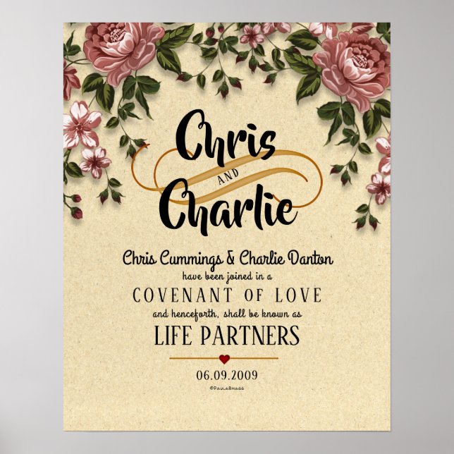 "Life Partners" Modern Floral Wedding Certificate Poster (Front)