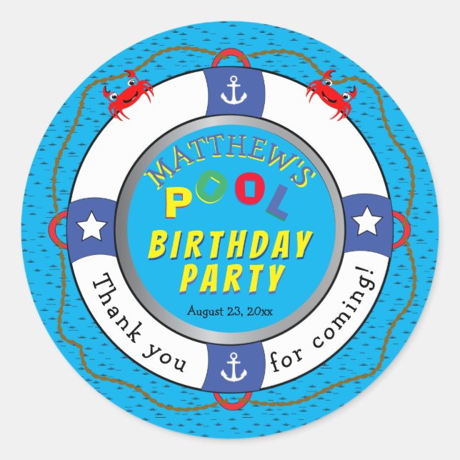 Life Preserver Boy Birthday Pool Party Classic Round Sticker (Front)