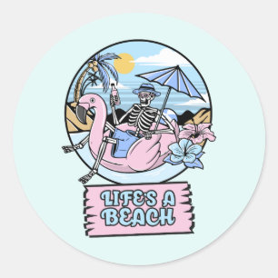 Life’s a Beach Skeleton Flamingo Float Classic Round Sticker