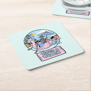 Life’s a Beach Skeleton Flamingo Float Square Paper Coaster