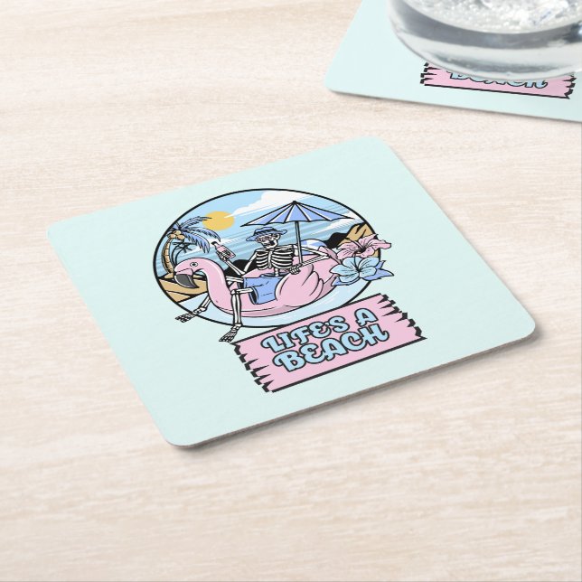 Life’s a Beach Skeleton Flamingo Float Square Paper Coaster (Angled)