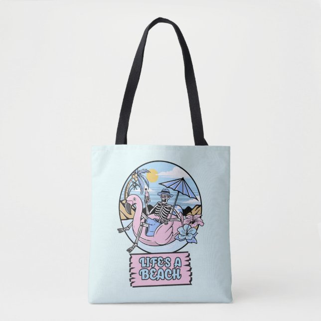 Life’s a Beach Skeleton Flamingo Float Tote Bag (Front)
