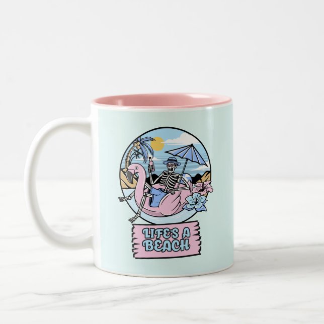 Life’s a Beach Skeleton Flamingo Float Two-Tone Coffee Mug (Left)