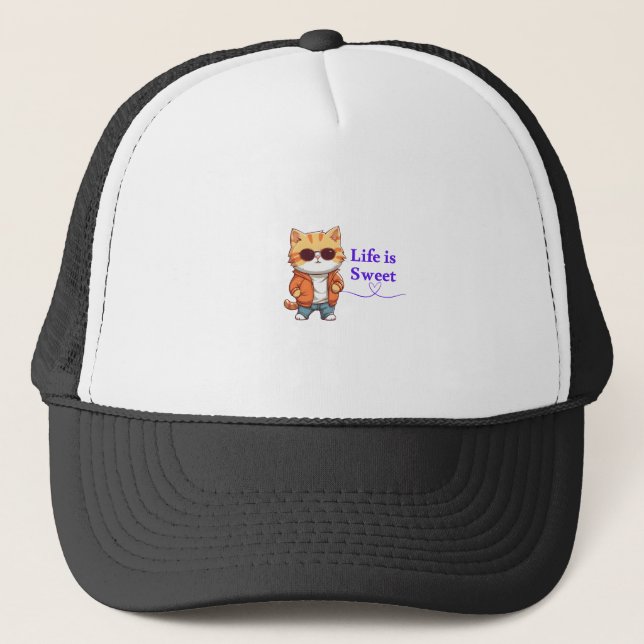 Life’s Sweet – Cute Cool Cat Design for Animal Lov Trucker Hat (Front)