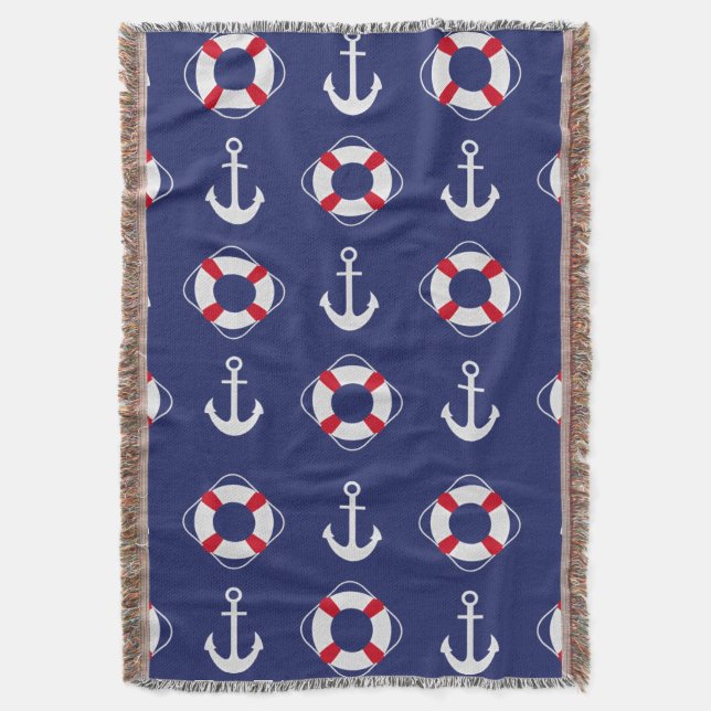 Life Savers & Anchors Nautical Pattern Throw Blanket (Front Vertical)
