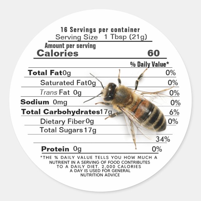 Life Size Bee Honey Nutrition Facts Label White (Front)