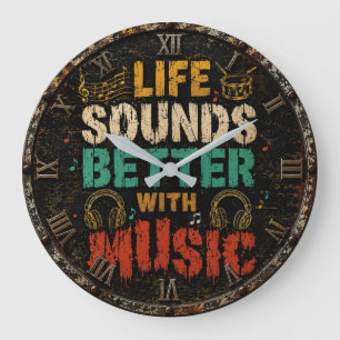 Life Sounds Better with Music Vintage Rustic  Large Clock
