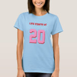 Life Starts At 20 Funny 20th Birthday T-Shirt<br><div class="desc">Humourous 20th Birthday Joke Life Starts At 20 T-Shirt. A funny girl's t-shirt with customisable pink age numbers "20" and customisable text "Life Starts At". This unique funny and cool 20th birthday tee is fully customisable,  add your texts and images!</div>