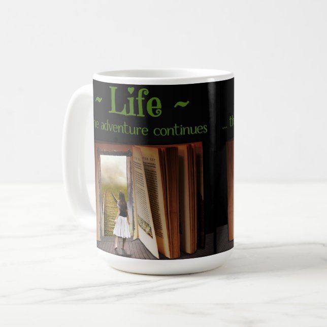 Life, the adventure continues coffee mug (Front Left)