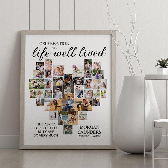 Life Well Lived Heart Shaped Photo Collage Funeral Poster (Life well lived photo collage memorial poster - order professionally printed or as digital download)