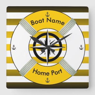 Lifebuoy~Life-Ring ~Livesaver~ Gold Black & White~ Square Wall Clock