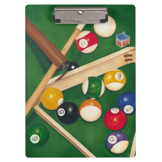 Lifelike Billiards Table with Balls and Chalk Clipboard (Front)