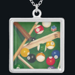 Lifelike Billiards Table with Balls and Chalk Silver Plated Necklace<br><div class="desc">Rack 'em up with this spectacular painting of a billiards table by Jennifer Goldberger. The balls look new, the felt looks immaculate, and the chalk has already been applied to the cue sticks. Hang this in your home, or gift it to a friend or loved one who enjoys a game...</div>