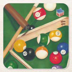 Lifelike Billiards Table with Balls and Chalk Square Paper Coaster
