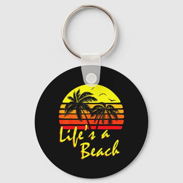 Lifes A Beach 80s summer Beach Palm Tree Sunset Key Ring (Front)
