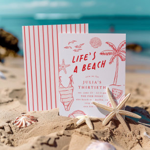 Life's a Beach Girls Red 30th Summer Birthday Invitation