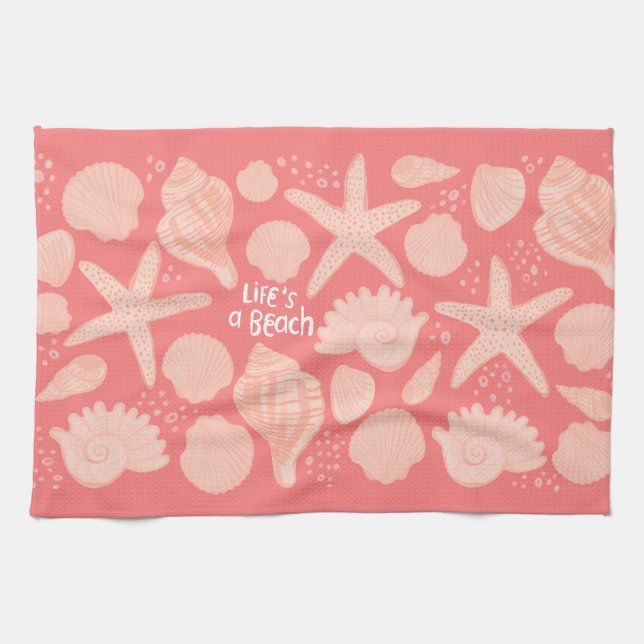 Life's A Beach Pink Seashells on Pink Tea Towel (Horizontal)