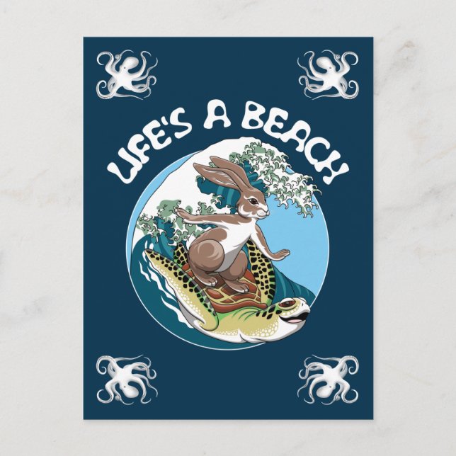 Life's a Beach - Rabbit and Turtle Surfing Postcard (Front)