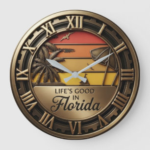 Lifes Good In Florida Retro Beach Sunset Industria Large Clock