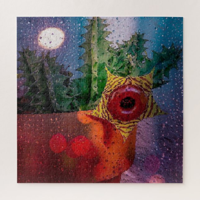 Lifesaver Cactus through a Rainy Window Jigsaw Puzzle (Vertical)