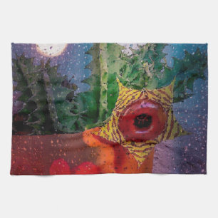 Lifesaver Cactus through a Rainy Window Tea Towel