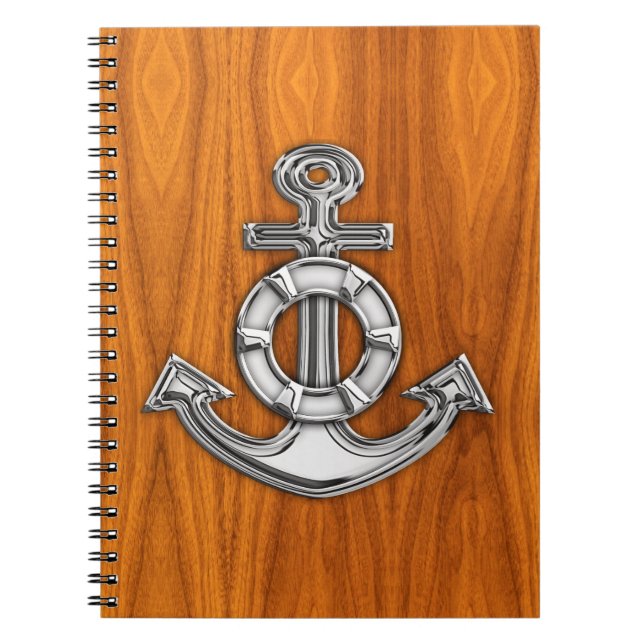 Lifesaver Chrome Like Anchor on Teak Veneer Notebook (Front)