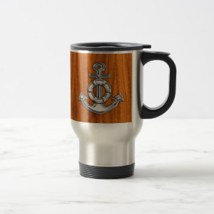 Lifesaver Chrome Like Anchor on Teak Veneer Travel Mug