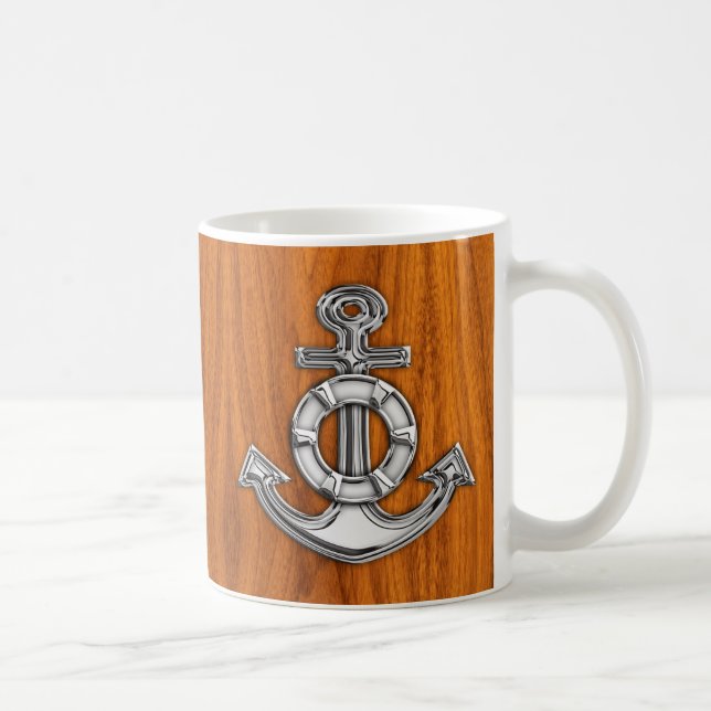 Lifesaver Chrome Style Anchor on Teak Veneer Coffee Mug (Right)