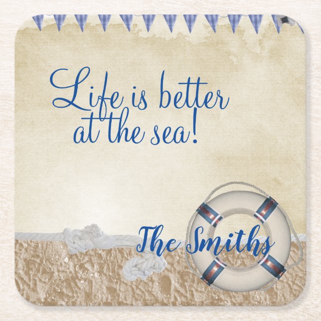 Lifesaver on the sand square paper coaster (Front)